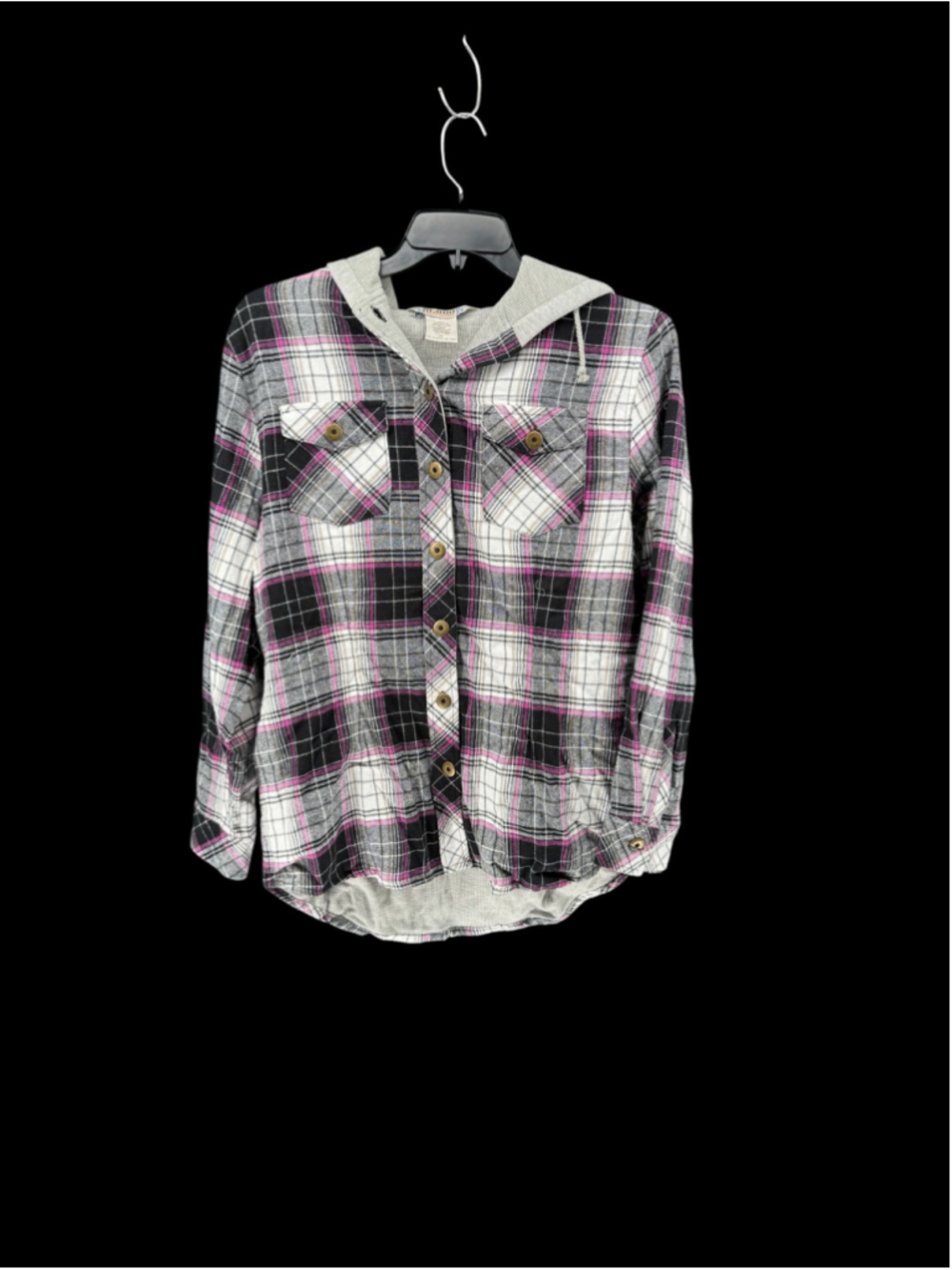 Women's 10,000 ft Plaid Hooded Button Down Shirt XL Black Pink